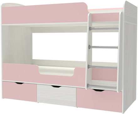 Кровать двухъярусная КарИВи Малыш Двойняшка 80х180 Белое Дерево Розовый