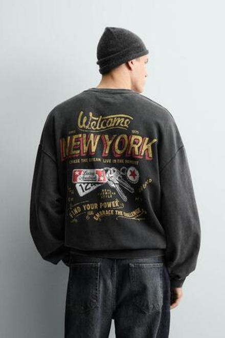 ZARA ТОЛСТОВКА С ЭФФЕКТОМ ПОТЕРТОСТИ И НАДПИСЬЮ, АНТРАЦИТОВО-СЕРЫЙ