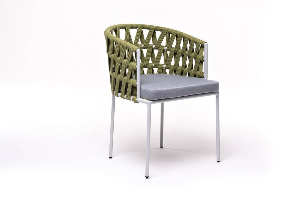 "Диего" стул плетеный из роупа, каркас из стали светло-серый (RAL7035) шагрень, роуп салатовый меланж круглый, ткань светло-серая