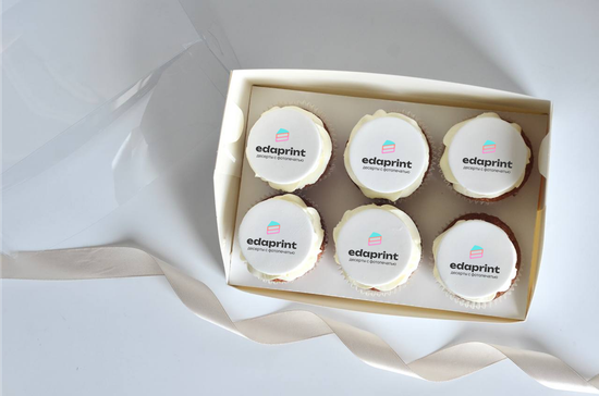 Капкейки с логотипом, печать на мастике, упаковка на 6 шт