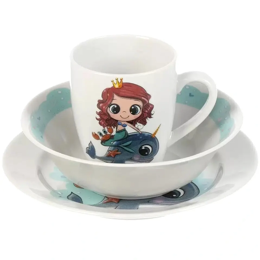 Набор детской посуды фарфор, 3 шт, Русалка и друг Кит, тарелка 17.5 см, салатник 360 мл, кружка 210 мл, Daniks