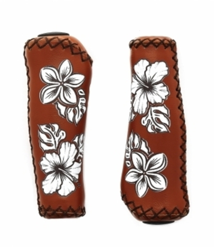 Грипсы, длина 135мм, материал - искусств. кожа с принтом "цветы", коричневые HL-G 03 brown