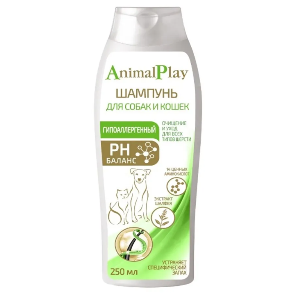 Animal play гипоаллергенный 250 мл шампунь для собак и кошек с аминокислотами и экстрактом шалфея