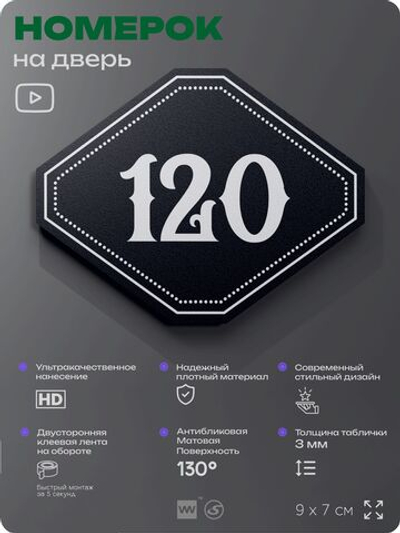 Номерок на дверь квартиры 120, для кабинета, офиса, шильдик 9 х 7 см, черный, Айдентика Технолоджи