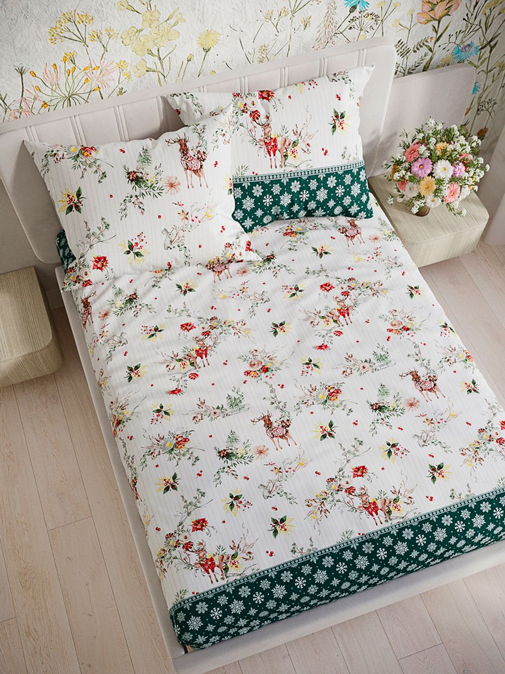 Постельное белье перкаль Сказка "Сочельник (зел)" 2-спальное Наволочка 50х70 см 2 шт Простынь на резинке 160x200 см Пододеяльник 175x215 см