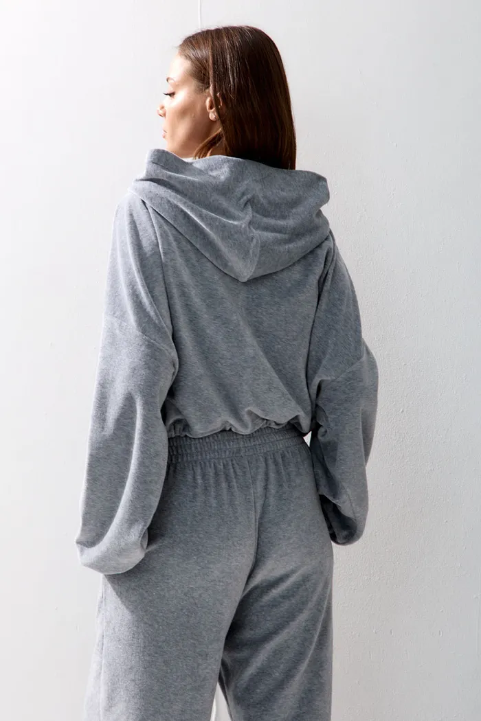 Худи на молнии из велюровой ткани цвета серый меланж