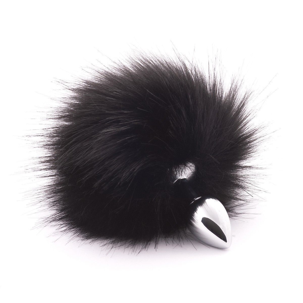 Серебристая анальная пробка с черным хвостиком из искусственного меха (Цвет: серебристый с черным)