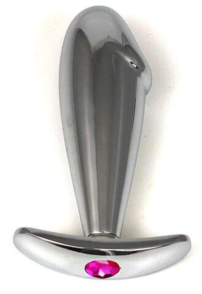Серебристая анальная пробка-фаллос с розовым кристаллом – 9,5 см. (Цвет: розовый)