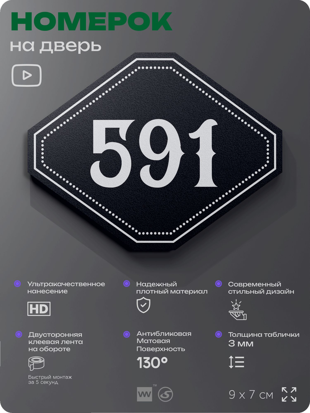 Номерок на дверь квартиры 591, для кабинета, офиса, шильдик 9 х 7 см, черный, Айдентика Технолоджи