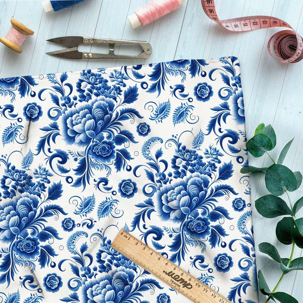 Ткань интерлок цветы и розы гжель