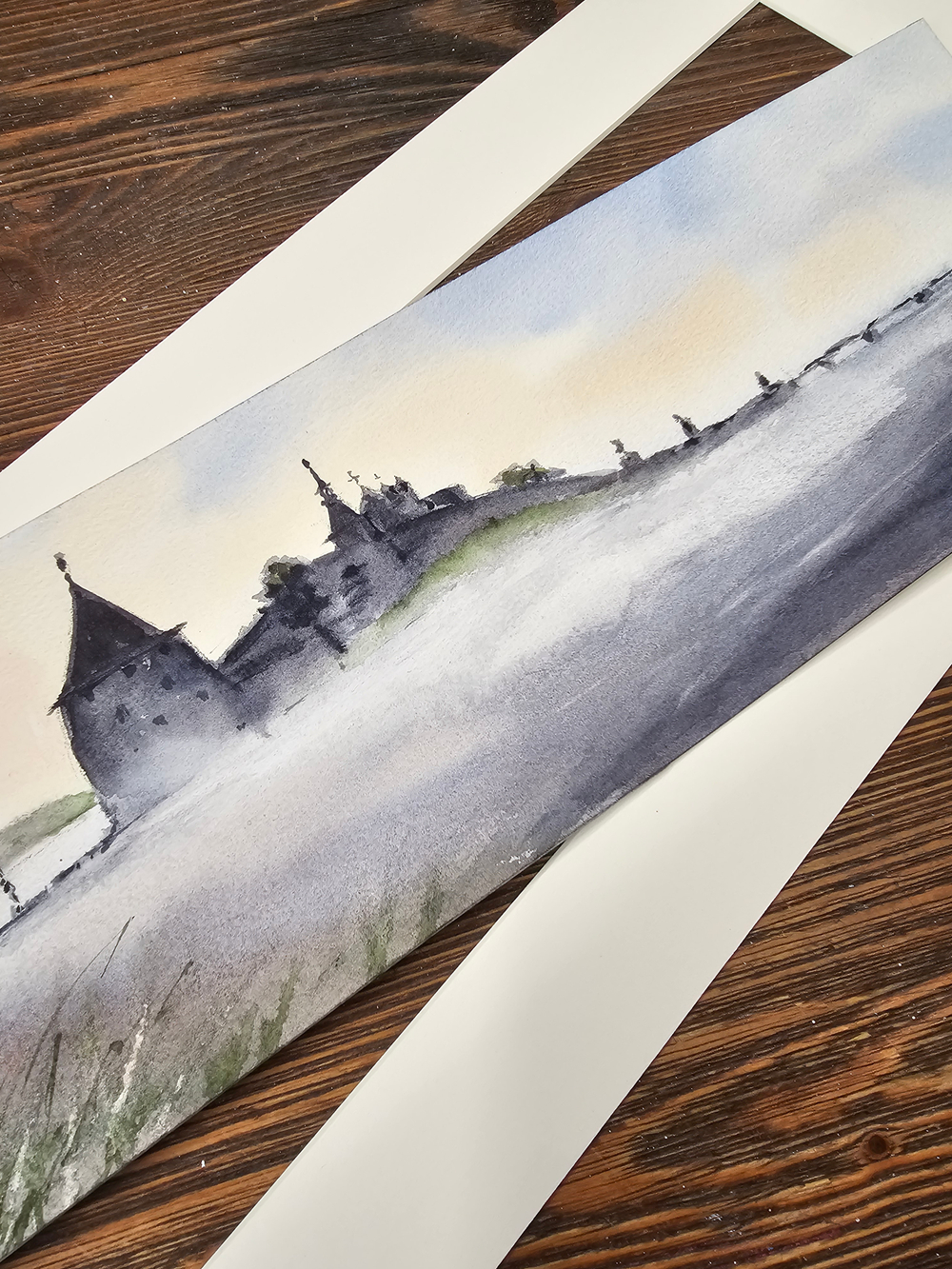 Картина авторская акварельная в раме 20х50 см на стену для интерьера "Туман на Великой"