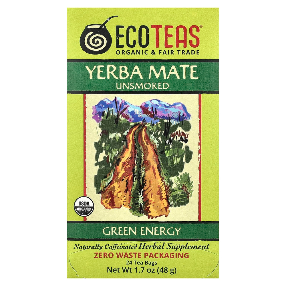 EcoTeas, йерба мате, «зеленая энергия», без копчения, 24 чайных пакетика, 48 г (1,7 унции)