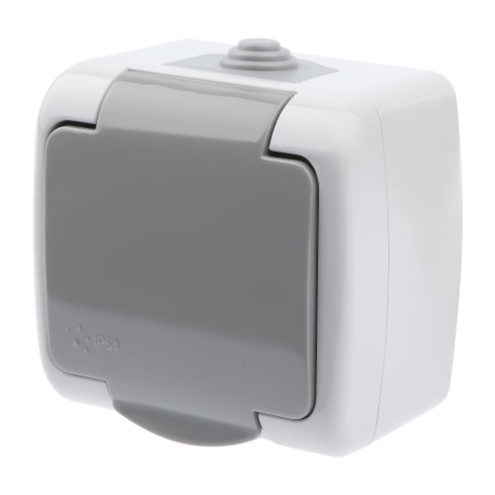 Розетка Intro Atlantic 5-202-03 с заземлением со шторками 2P+E Schuko, 16А-250В, IP54, открытой установки, серый | Intro