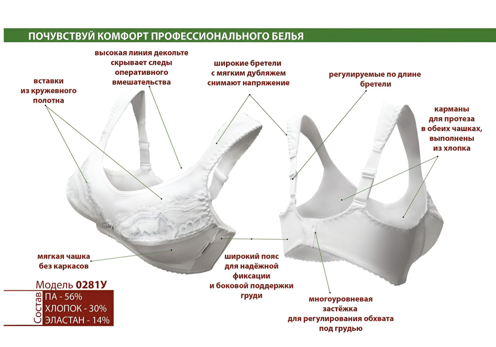 Бюстгальтер больших размеров для фиксации экзопротезов молочной железы 95H белый