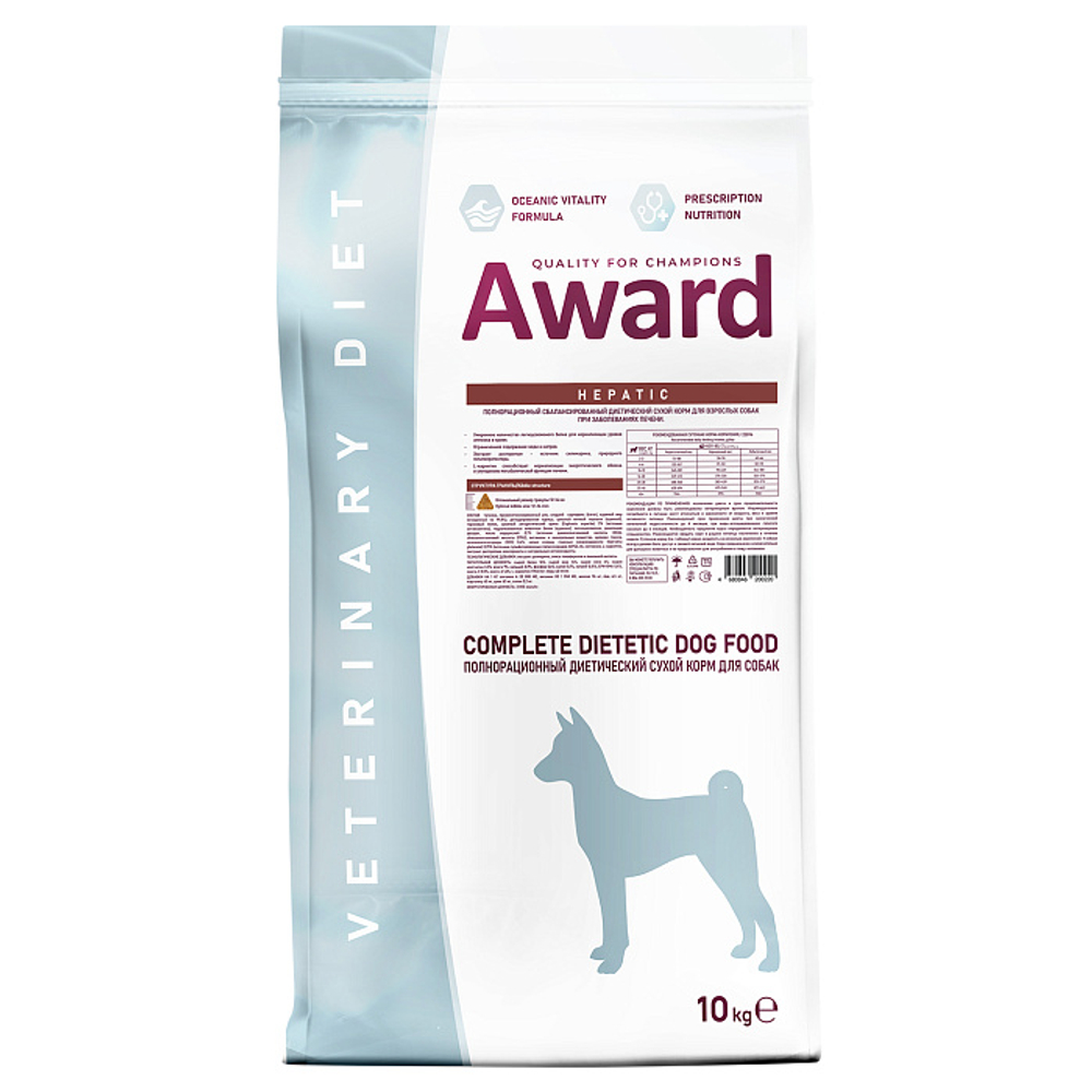 Сухой диетический корм для взрослых собак AWARD VETERINARY DIET HEPATIC при заболеваниях печени 10 кг