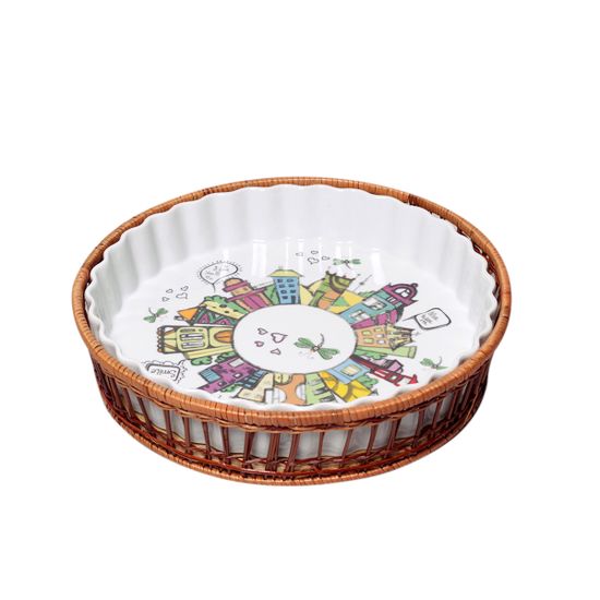 Форма керамическая для запекания 2,1 л. круглая Kamille KM-6305 (29х29х5 см) с ротанговой корзинкой