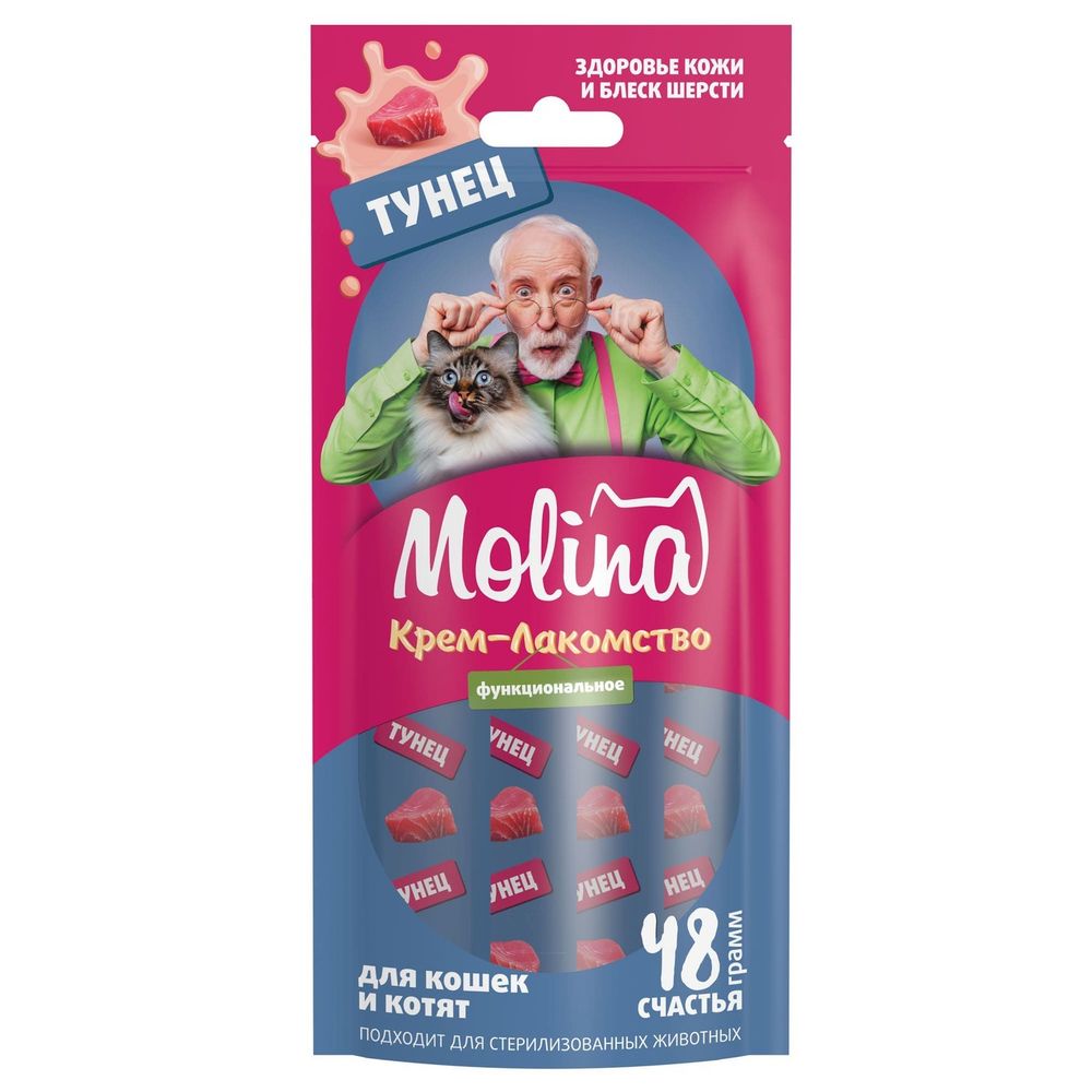 Лакомство для кошек Molina 48г Крем-пюре с тунцом для взрослых кошек. Здоровая кожа, густая и блестящая шерсть