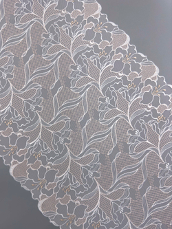 Вышивка на сетке персиково-розовая с белым, золотым и глиттером неэластичная ширина 33 см