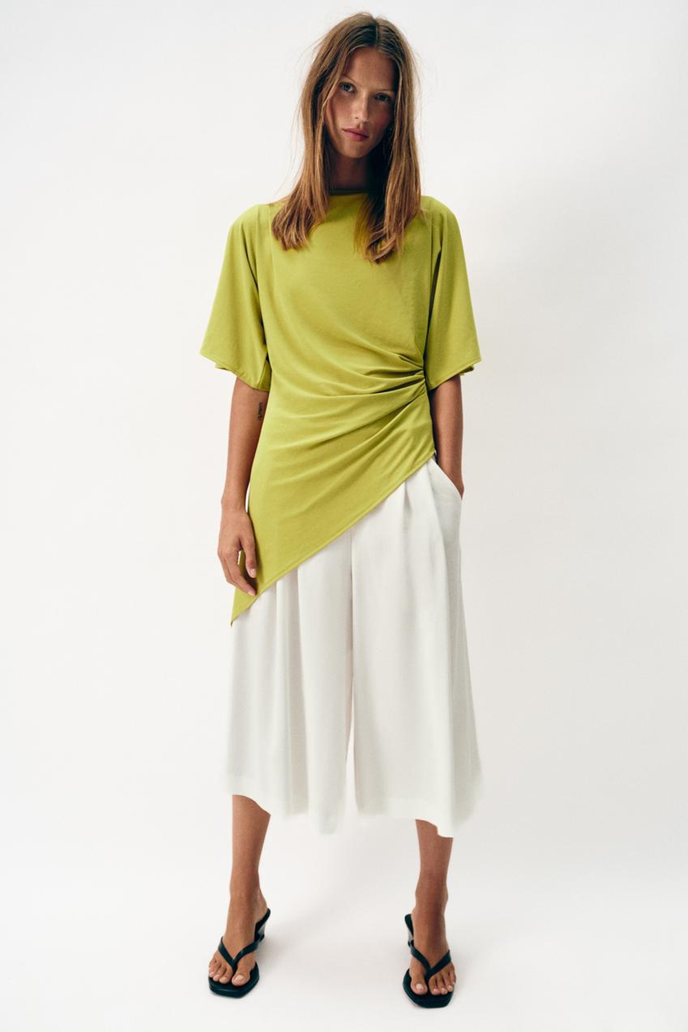ZARA ТОП АСИММЕТРИЧНОГО КРОЯ СО СБОРКАМИ, ЛАЙМОВЫЙ