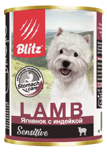 Консервы для собак Blitz Sensitive Dog Lamb & Turkey (Pate) Ягнёнок с Индейкой консервы для собак 24 шт по 400 г
