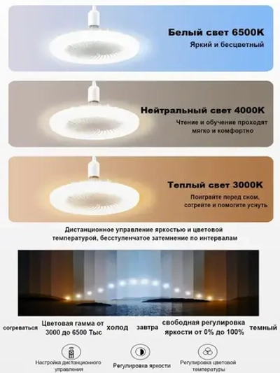 Подвесная люстра-вентилятор с пультом ДУ, E27, 20.5 Вт, LED , 3 скорости, белый