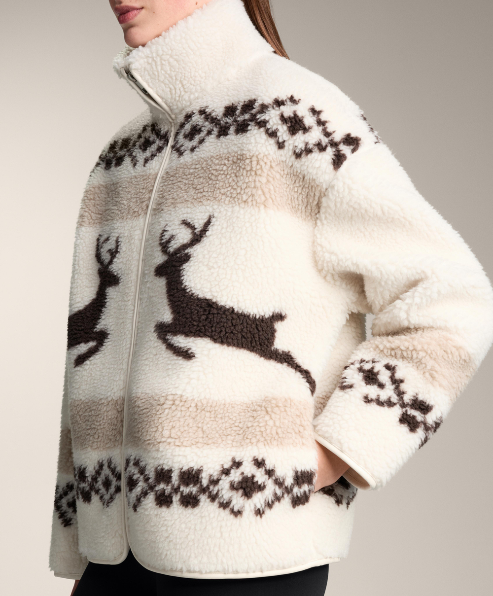 Oysho Куртка из искусственной овчины с оленями и высоким воротником, экрю