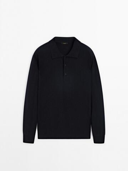 Massimo Dutti Свитер с воротником-поло из смесовой шерсти, темно-синий