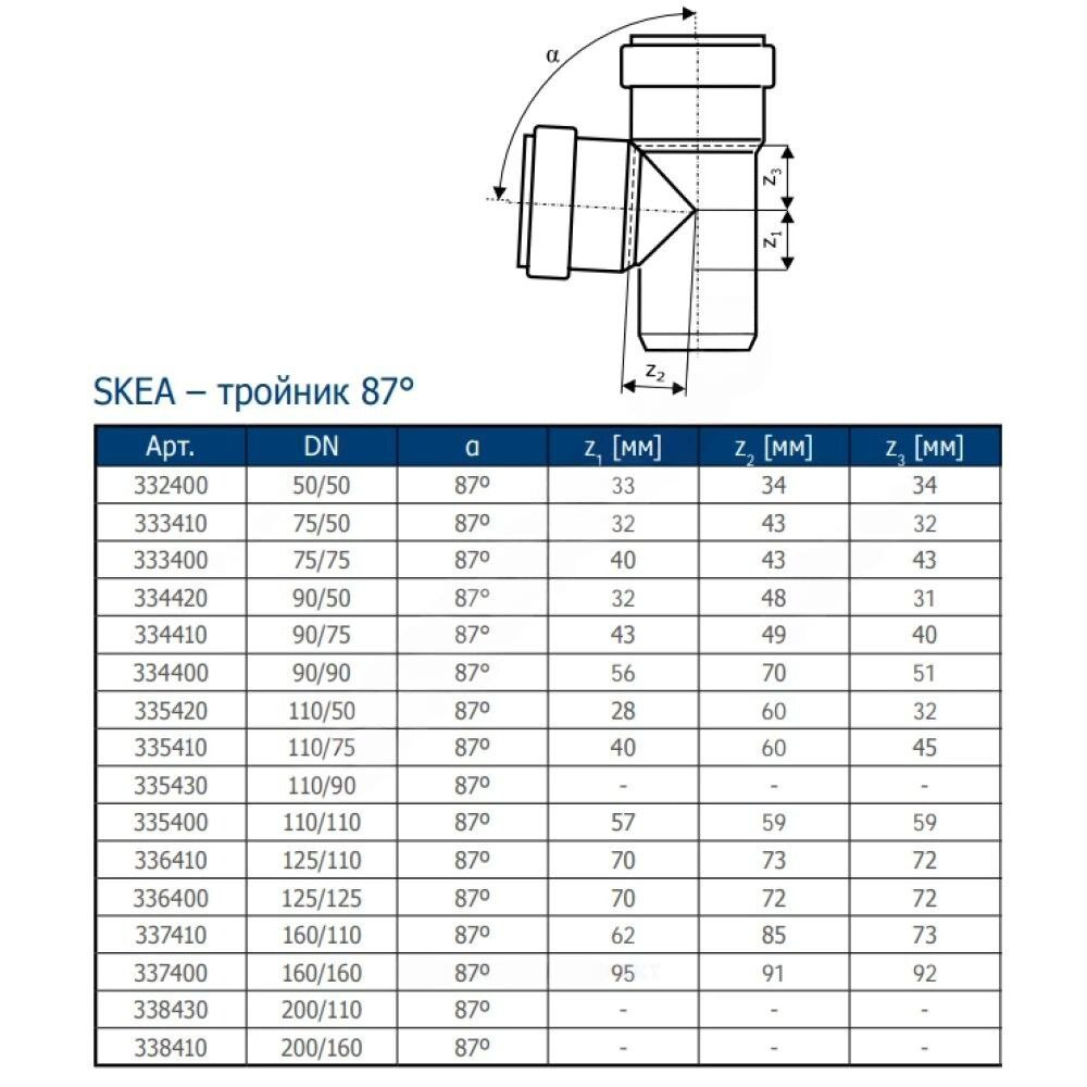 Тройник PP-MD переходной бесшумный светло-серый Skolan Safe SKEA Дн 110х58х87гр (DN110х50) б/нап в/к Ostendorf 335420