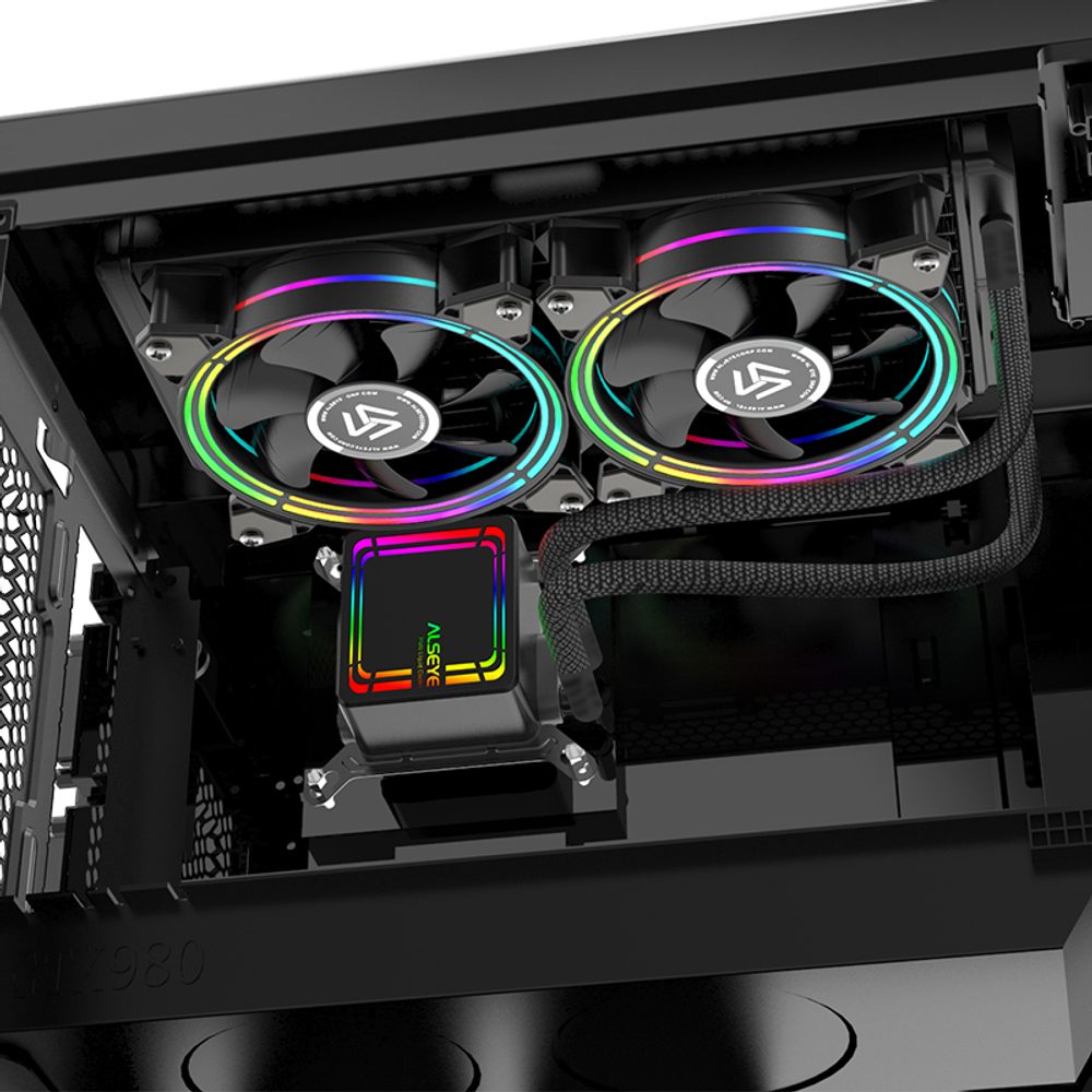 Жидкостное охлаждение Alseye H240, 2х120мм, 800~2000rpm, 4-pin, Al, черный/RGB, 2 секции, 45.2CFM, 35.2дБ, INTEL 1200/115x/775/2066/2011/1366, AMD AM5/AM4/AM3(+)/AM2(+)FM2/FM1 (AS.02.02.0014)