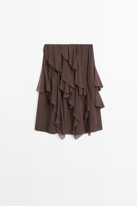 Massimo Dutti Струящаяся юбка миди с оборками, шоколадный