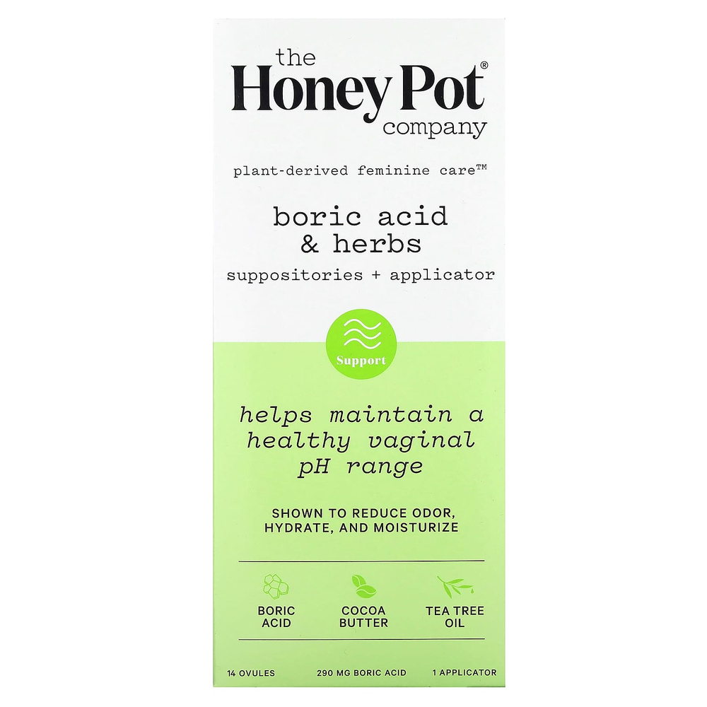 The Honey Pot Company, борная кислота и травы, свечи с аппликатором, 290 мг, 14 флаконов, 1 аппликатор