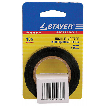Изолента, STAYER Profi 12292-D-15-10, ПВХ, на карточке, 15мм х 10м х 0,18мм, черная