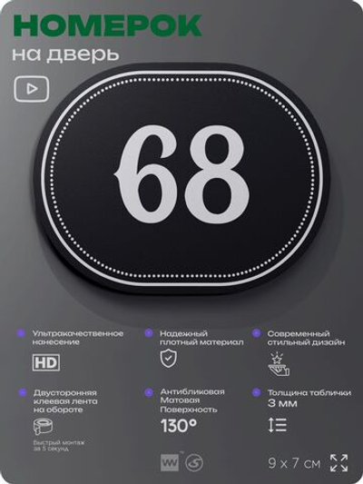 Номерок на дверь квартиры 68, для кабинета, офиса, шильдик 9 х 7 см, черный, Айдентика Технолоджи