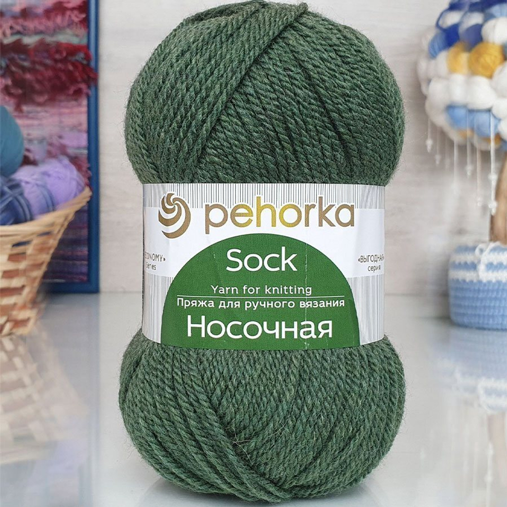 Носочная пряжа Россия Пехорка 50%полутонк.шерсть 50%акрил 5х100г/200м (013-Т.оливковый)