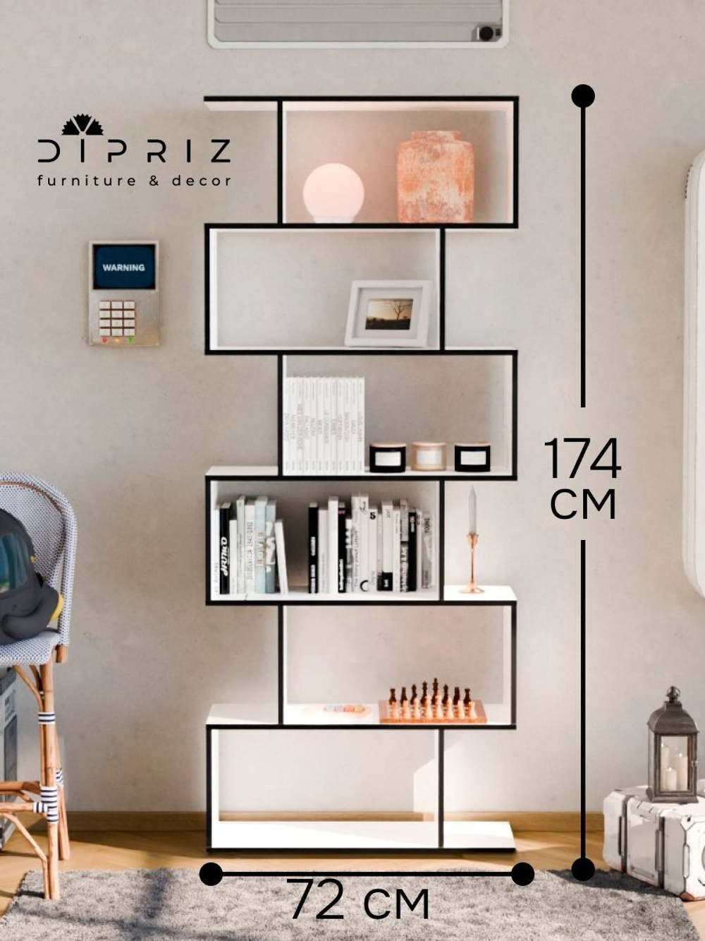 Dipriz Стеллаж 6 полок Марм, 72х24х174, белый/черный, напольный стеллаж из ЛДСП в скандинавском стиле