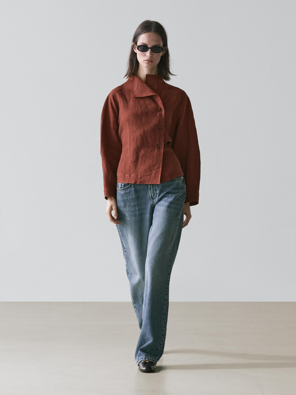 Massimo Dutti Кимоно из 100% льна с завязками и пуговицами, черепичный