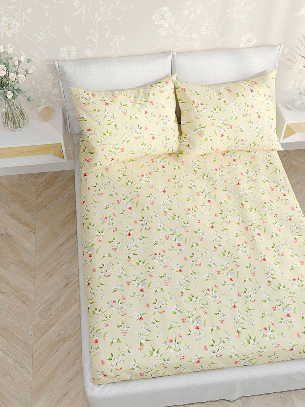 Постельное белье перкаль Сказка "Гортензия/Жасмин" евро Наволочка 50x70 см 2 шт Простынь на резинке 180x200 см Пододеяльник 200x215 см