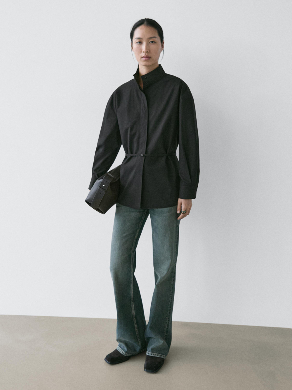 Massimo Dutti Рубашка с высоким воротником и ремешком, черный