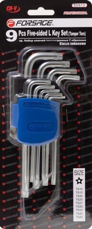 Набор ключей Г-образных TORX 5-лучевых, 9пр.(TS10, TS15, TS20, TS25, TS27, TS30, TS40, TS45, TS50 с отверстием)в пластиковом держателе Forsage F-50913