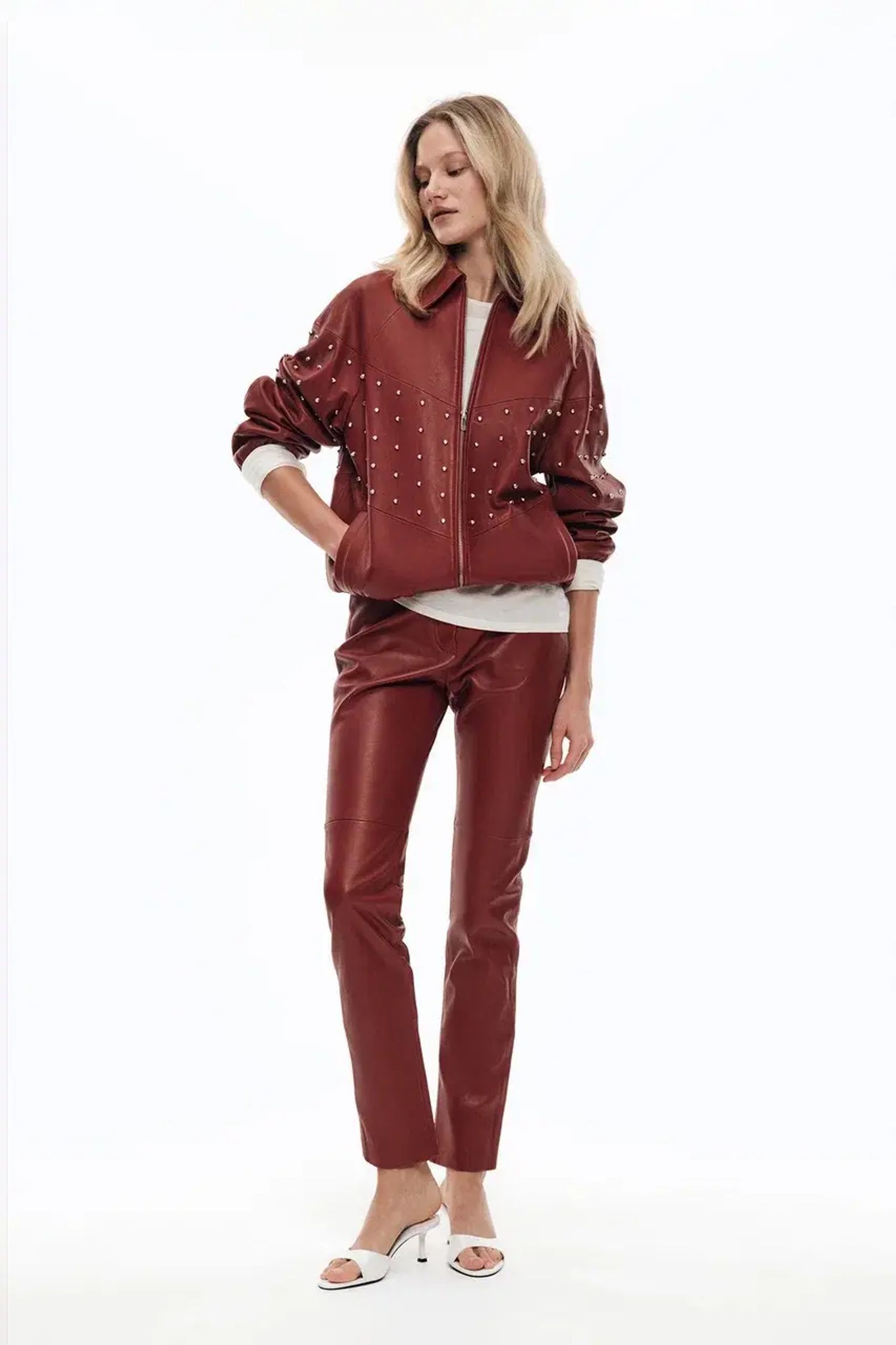 Кожаный бомбер (((Самая красивая куртка))), бордовая