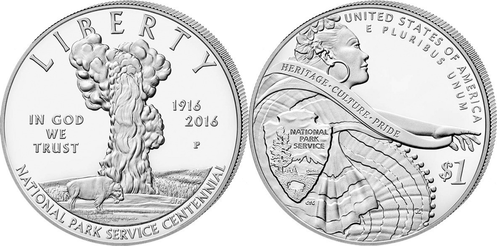 1 доллар 2015 год. США . 100 лет Службе национальных парков США Серебро. PROOF