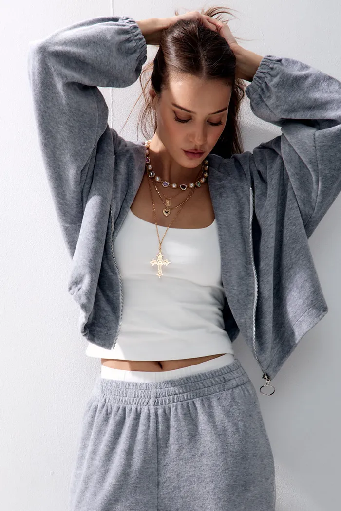 Худи на молнии из велюровой ткани цвета серый меланж