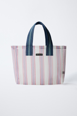 ZARA БОЛЬШАЯ СУМКА В ПОЛОСКУ, СИНИЙ