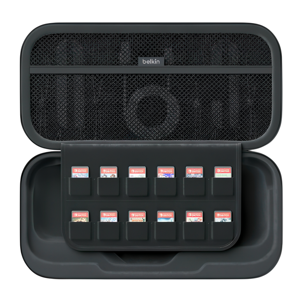 Тканевый чехол Belkin Gaming Charging Case для Nintendo Switch 2 Водостойкий гибридный чехол из полиэстера с ремешком-ручкой. Вмещает до двенадцати картриджей с играми. Есть кармашек для AirTag