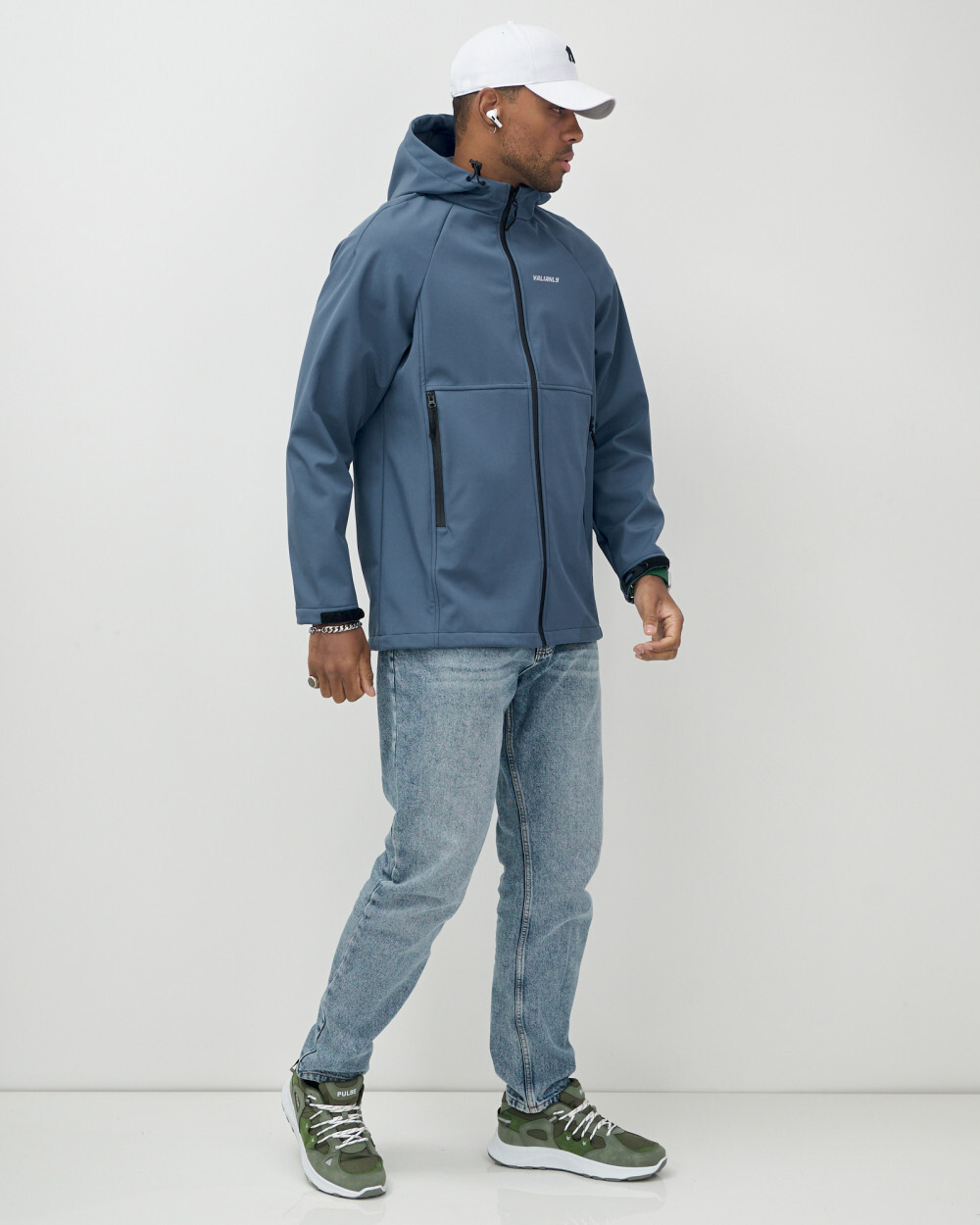 Ветровка спортивная мужская с капюшоном softshell синего цвета 9563S
