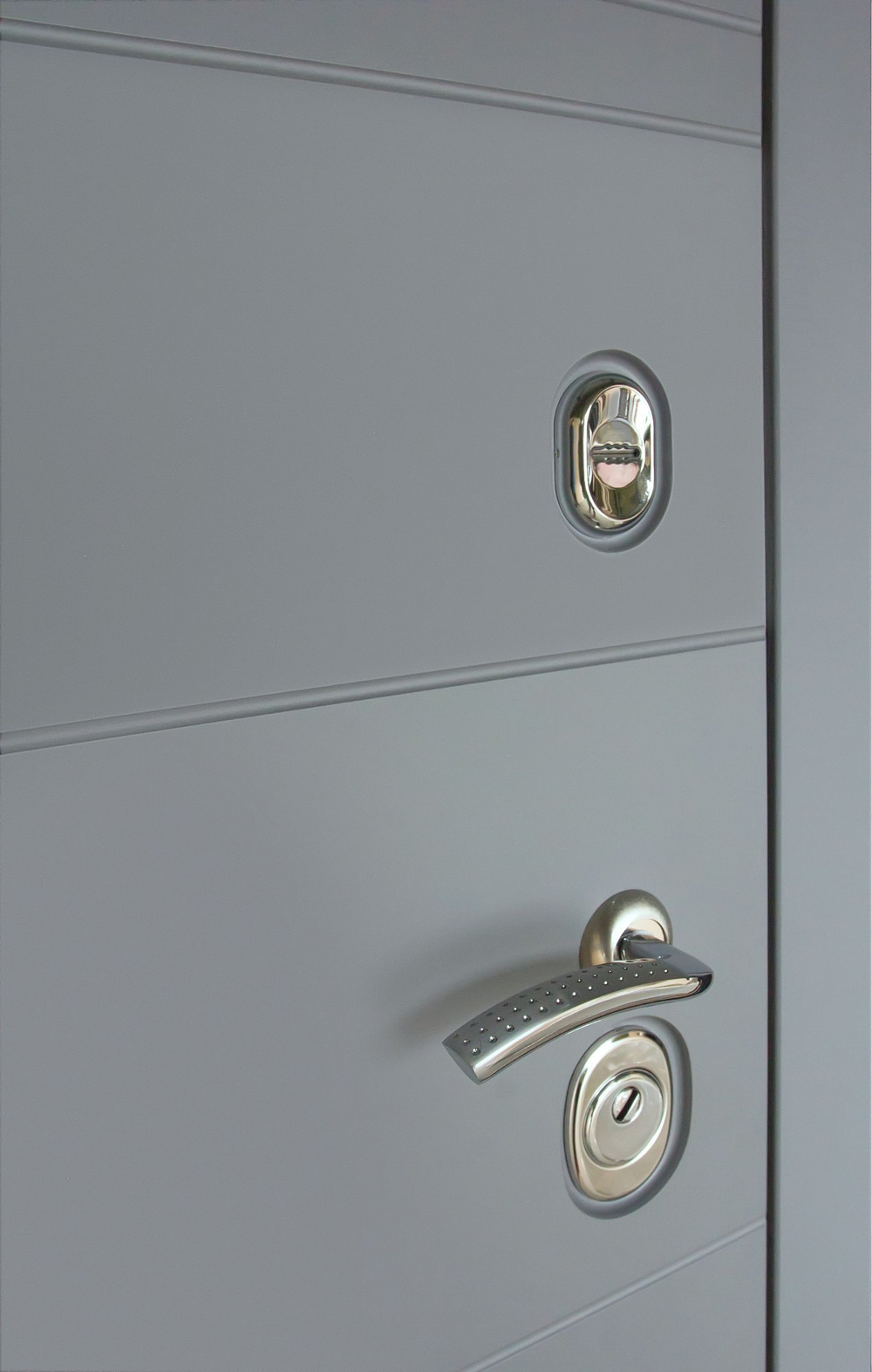 Входная металлическая дверь с зеркалом Сенатор Лира 3К Софт графит Стокгольм софт светло-серый, без текстуры