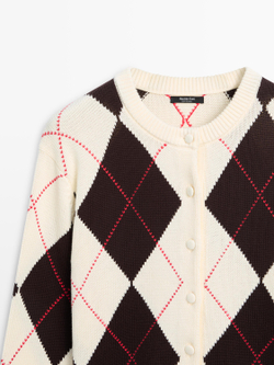 Massimo Dutti Кардиган из хлопка с узором «ромбы», натуральный/кремовый