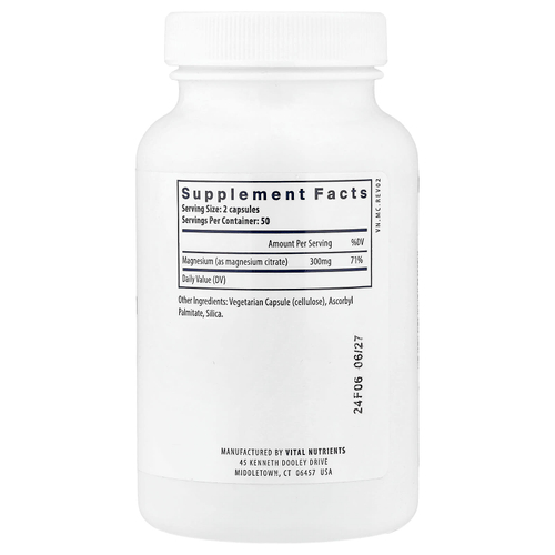 Vital Nutrients, цитрат магния, 100 веганских капсул (150 мг в 1 капсуле)