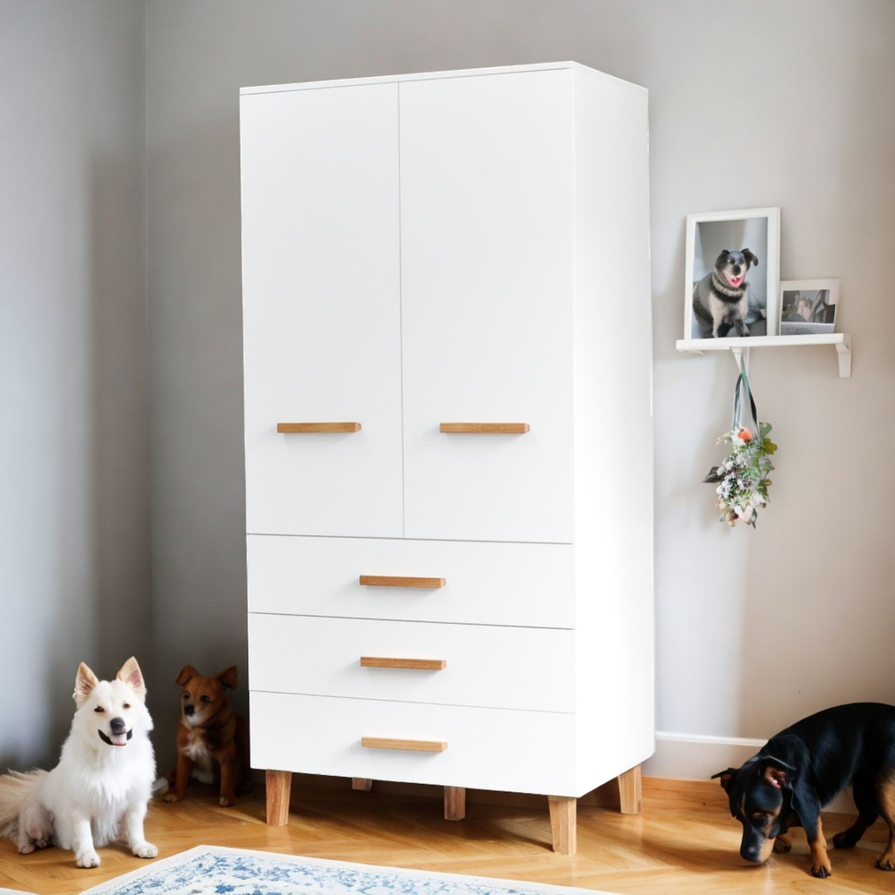 Шкаф 89х56х183, Чек, распашной для одежды, в детскую, спальню, прихожую, с дубовыми ручками и ножками, двухдверный, массив сосны, белый, Dipriz