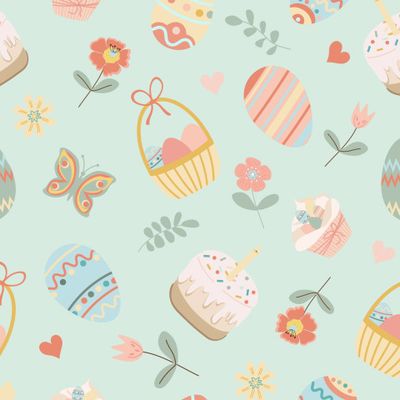 Пасхальный кулич, яйца на зеленом фоне.